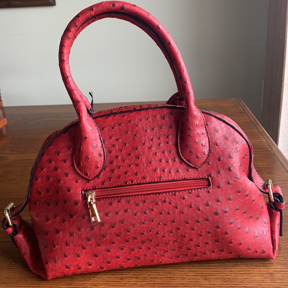 COPY - Red faux ostrich vegan leather satchel w shoulder strap gold hardware NWT - Picture 3 of 9